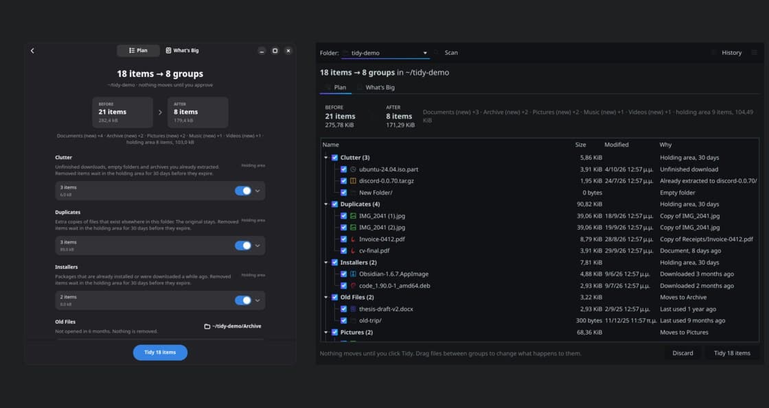 Tidy - A folder cleanup tool for Linux that asks before it moves